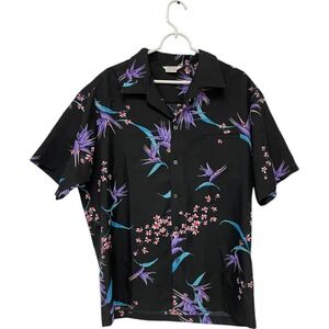 Hawaiian Button Up Shirt Black Floral Short‎ Sleeve Men's XL Bird of Paradise